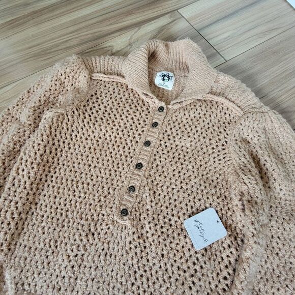 🆕 We The Free Care Snowdrift Knit Collared Henley Pullover in Camel Heather - Picture 6 of 13